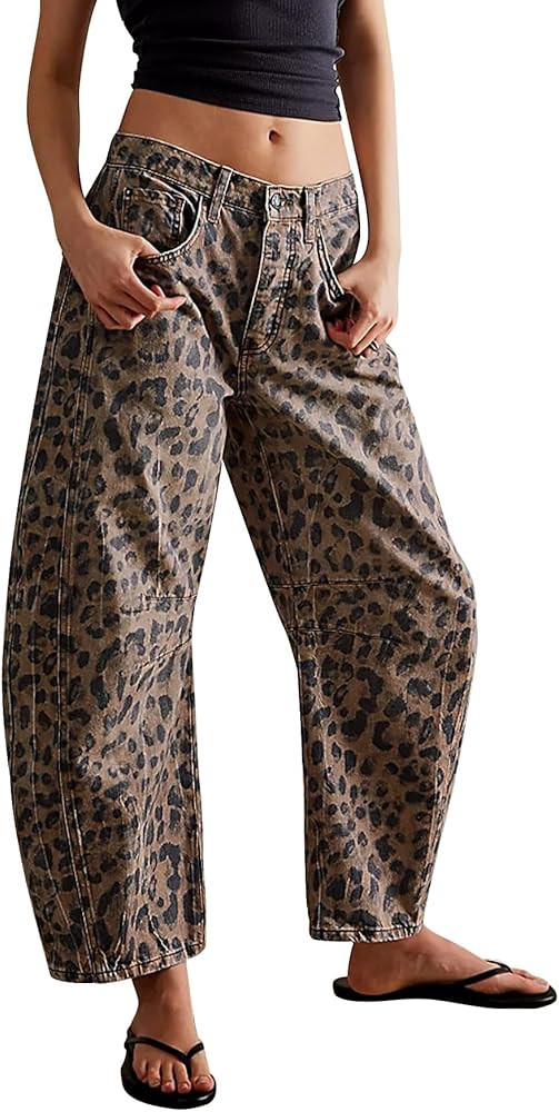 Women Leopard Barrel Jeans Casual Wide Leg Baggy Panst Y2k Boyfriend Mid Rise Denim Ankle Pants | Amazon (US)