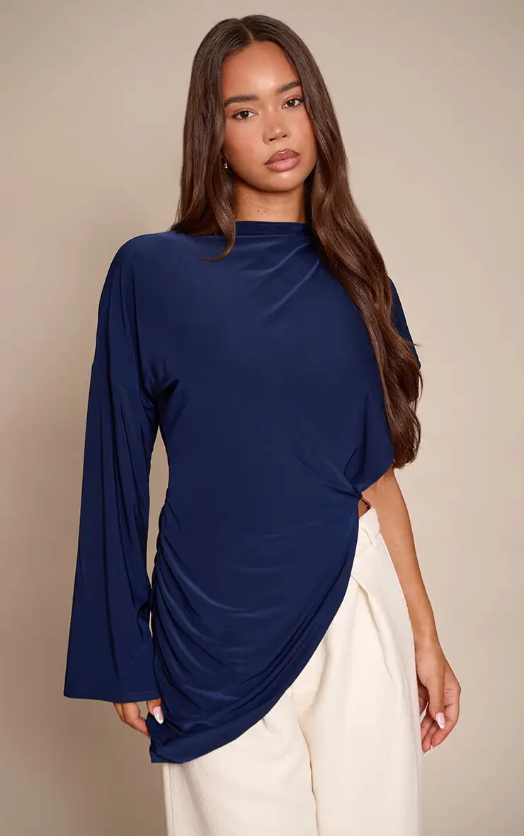 Navy Double Layer Slinky Oversized Drape Detail Long Sleeve Top | PrettyLittleThing UK