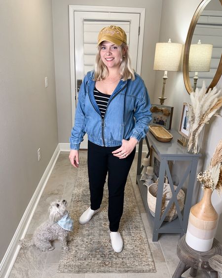 Easy outfit for a Monday workday: black and white stripe tank, black jeans (or black leggings) and a denim hooded zip jacket. I threw on my favorite yellow ball cap and my white scuba #Keds when it was time to run some errands. 

My dog Twyla approves! 🐾

#LTKstyletip #LTKSeasonal #LTKtravel