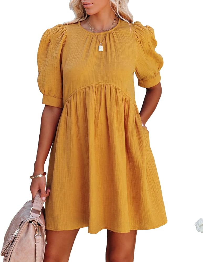Allimy Women Back Button Closures Dresses Crinkled Cotton Pocketed Puff Sleeve Dress | Amazon (US)