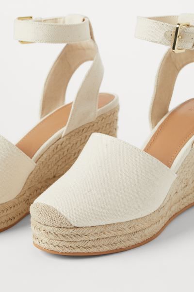 Wedge-heeled espadrilles in cotton canvas. Braided jute trim around soles and adjustable ankle st... | H&M (US + CA)