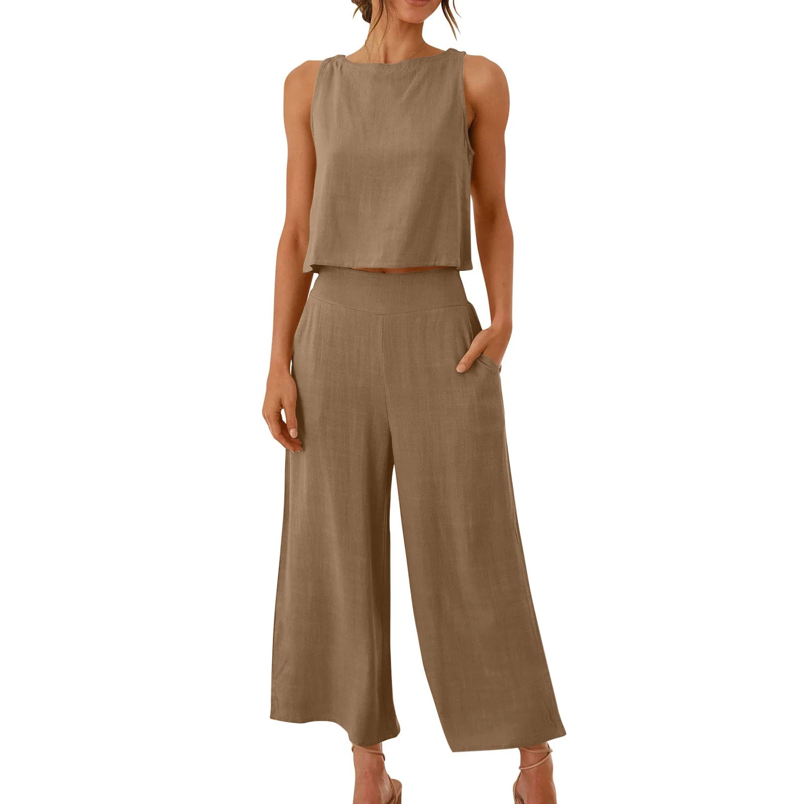 Viadha Sweat Suit for Women 2 Piece Set 2PC Fashion Woman Round Neck Solid Sleeveless Blouse +Loo... | Walmart (US)