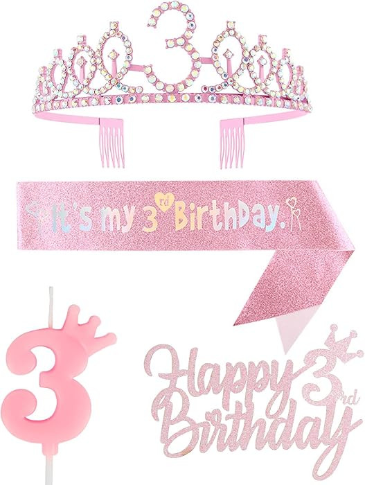 3rd Birthday Decorations for Girl, Including Crown/Tiara, Sash, Cake Toppers and Number 3 Candles... | Amazon (US)