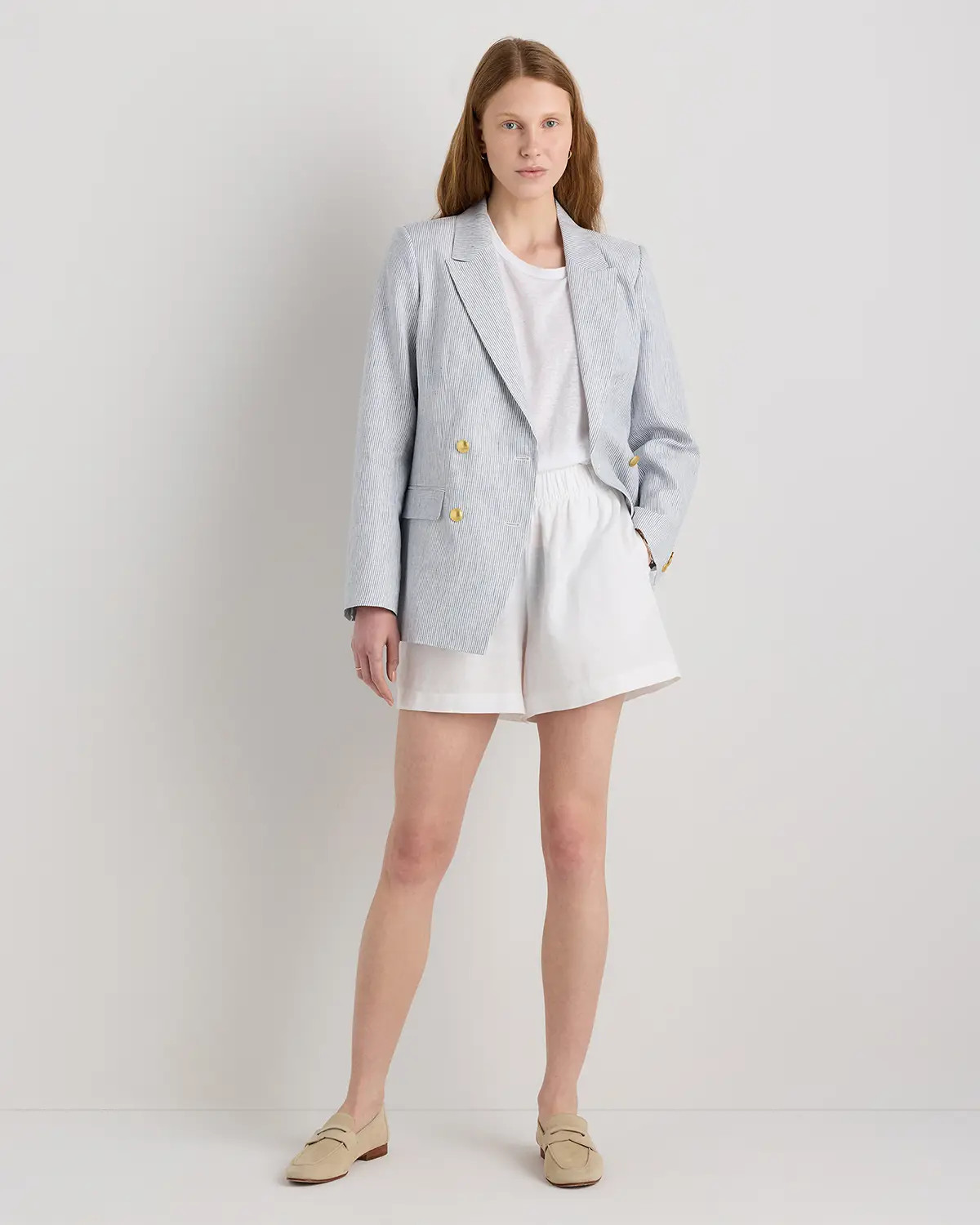100% European Linen Relaxed Double-Breasted Blazer in Blue Pinstripe | Quince