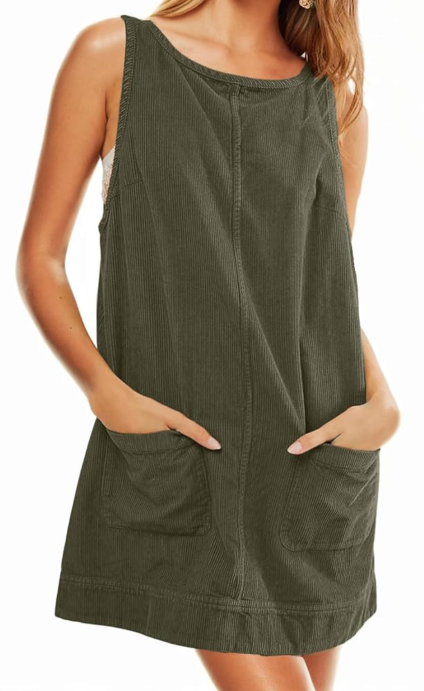 Womens Corduroy Overalls Dress Low Open Back Skirtall Jumper Mini Dress Pinafore with Pockets | Amazon (US)