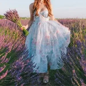 FREE PEOPLE Selkie French Corset Puff MIDI Dress Powder Blue Floral | Poshmark