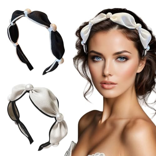 2 Pcs Bow Knotted Pearl Headbands Women Bride Wedding Embellished Preppy Trendy Birthday White Black Fashion Styling Accessories | Amazon (US)