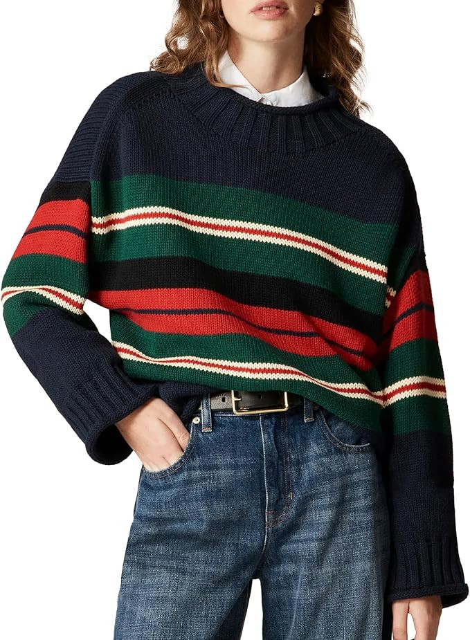 Oversized Sweaters for Women Roll High Neck Hem Long Sleeve Soft Chunky Cable Knit Striped Pullov... | Amazon (US)