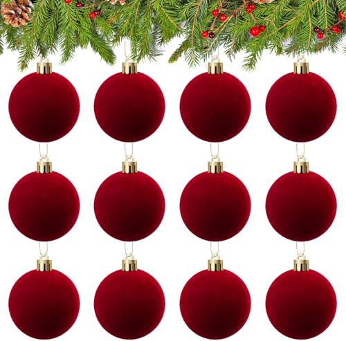 36Pcs Velvet Christmas Ornaments, 12Pcs Flocked 2.38" Velvet Christmas Balls Hanging & 24Pcs 5" x7" Bows for Xmas Tree Wreath Garland Holiday Party Wedding Xmas Decorations Indoor(Burgundy) | Amazon (US)