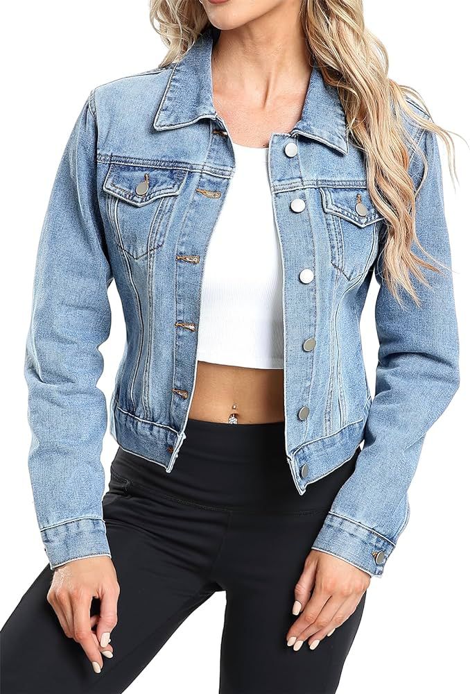 Amazon.com: andy & natalie Women's Denim Oversize Long Sleeve Basic Button Down Jean Pockets Coat... | Amazon (US)