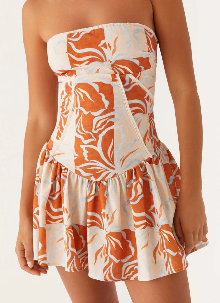 Larnie Linen Mini Dress - Orange Blue Floral | Peppermayo (Global)