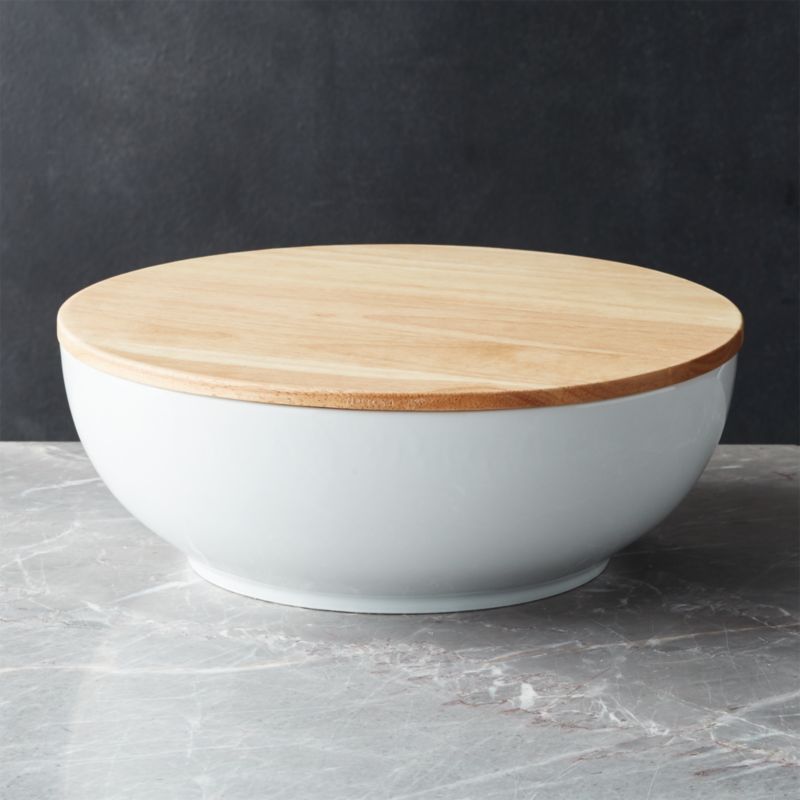 Merge Porcelain Serving Bowl with Wood Lid + Reviews | Crate and Barrel | Crate & Barrel