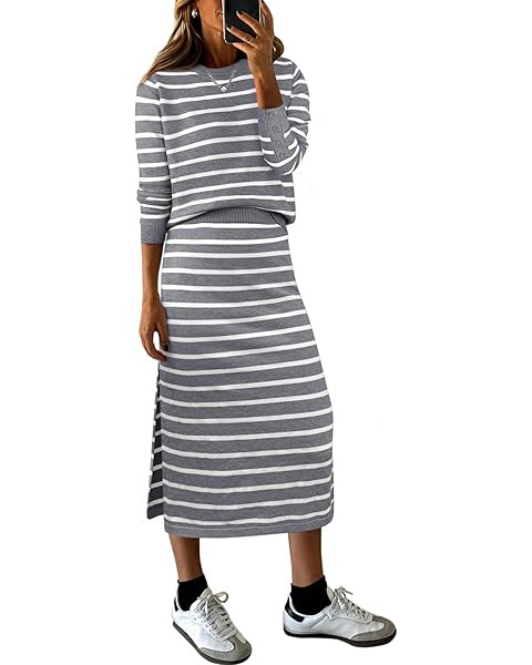 PRETTYGARDEN 2 Piece Skirts Sets For Women Fall Fashion 2025 Striped Sweater Dress Knit Lounge Tr... | Amazon (US)