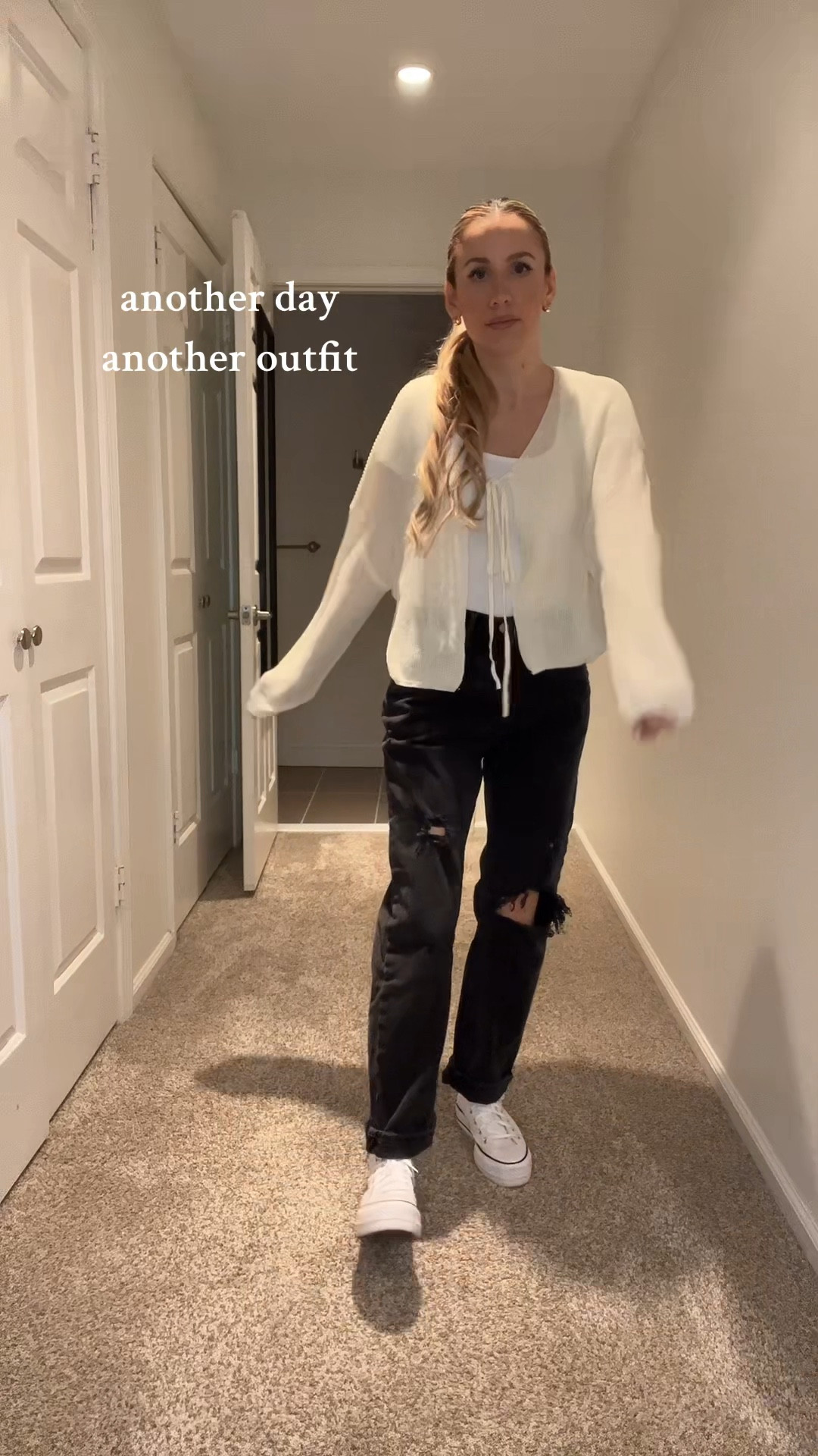 Fall fashion, square neck bodysuit, tie front sweater, black destroyed jeans, black denim, platform converse, ponytail hair extensions 

#LTKstyletip #LTKSeasonal #LTKbeauty