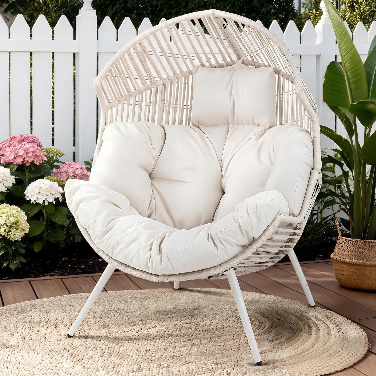 Shintenchi Wicker Egg Chair Outdoor Rattan Patio Chair with Cushion, Oversized Patio Lounge Chairs Egg Basket Chair, Egg Seat for Indoor Living Room Bedroom Outside Patio Backyard Balcony, White | Amazon (US)