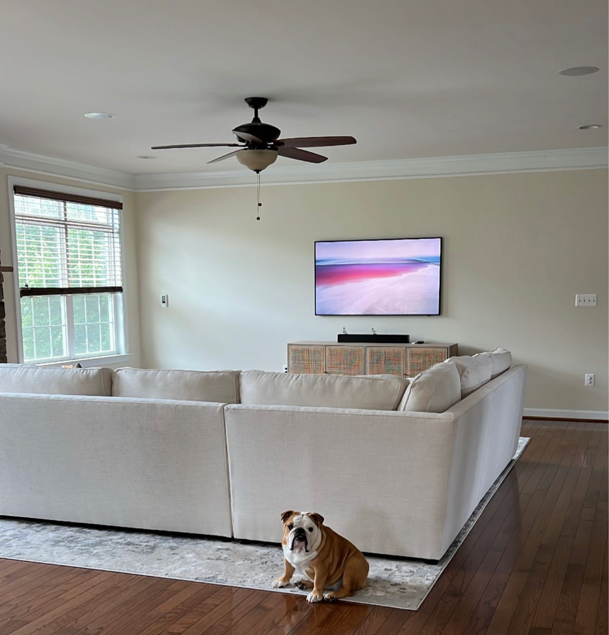 Sectional fabric and color:
Ivory, Performance Heathered Tweed
Sofa, sectional, pottery barn, media console, frame tv, rug