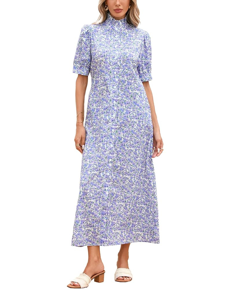 Women's Floral Button Down Shirt Midi Dress Casual Puff Sleeve Ruffle Collar Dress Summer Beach P... | Amazon (US)