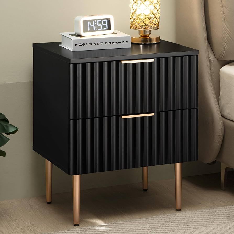 SICOTAS Black Night Stand, Fluted Glossy Nightstand with 2 Drawers, Wide Modern Storage Bedside Table for Bedroom, End Side Table with Golden Metal Legs and Handles (Black, 1 Piece) | Amazon (US)