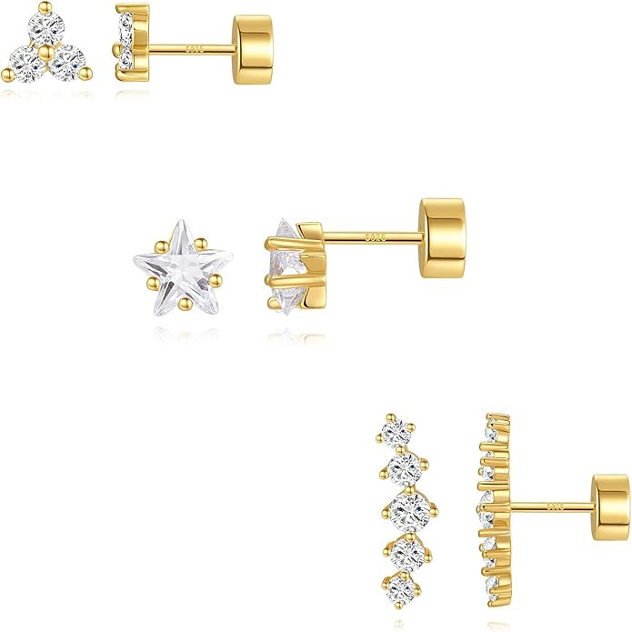 Flat Back Earrings for Women, Sterling Silver Flat Back Stud Earrings Hypoallergenic, Cartilage E... | Amazon (US)