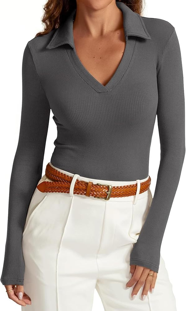 iGENJUN Womens Long Sleeve V Neck Polo Shirts Business Casual Collared Work Top Slim Fitted Basic... | Amazon (US)