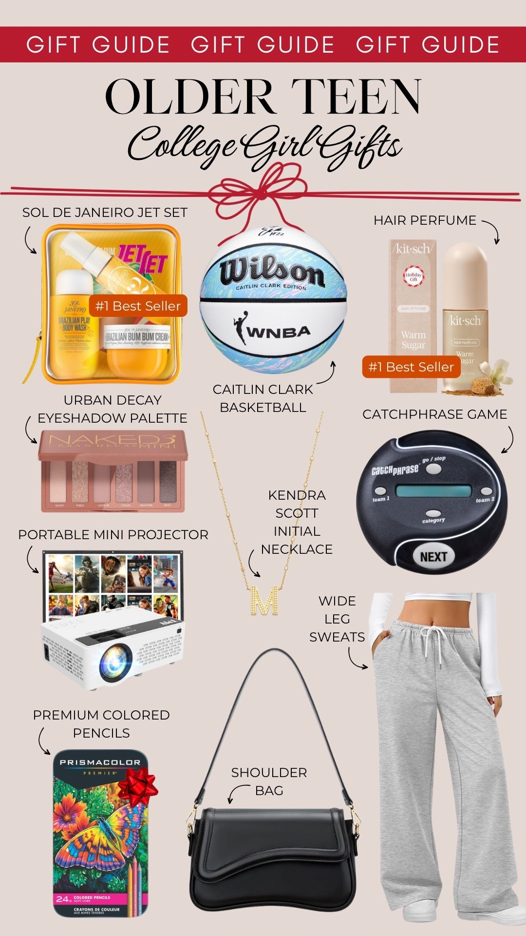 This gift guide for older teen college girls includes a Sol de Janeiro travel set, a Caitlin Clark basketball, hair perfume, Urban Decay eyeshadow palette, a Kendra Scott initial necklace, Catchphrase game, a portable mini projector, wide leg sweatpants, premium colored pencils, and a shoulder bag.

Gifts for her, gifts for girls, gifts for teens, college girl gift guidees

#LTKGiftGuide #LTKHoliday #LTKFindsUnder50