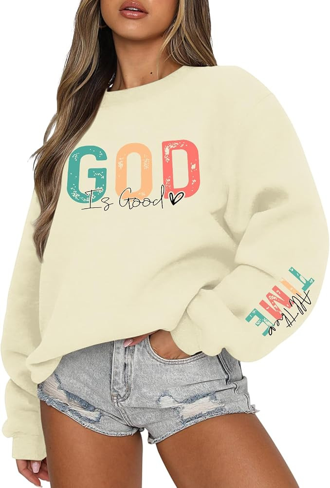 Christian God Is Good Sweatshirt for Women Oversized Religious Jesus Faith Shirts Inspirational B... | Amazon (US)