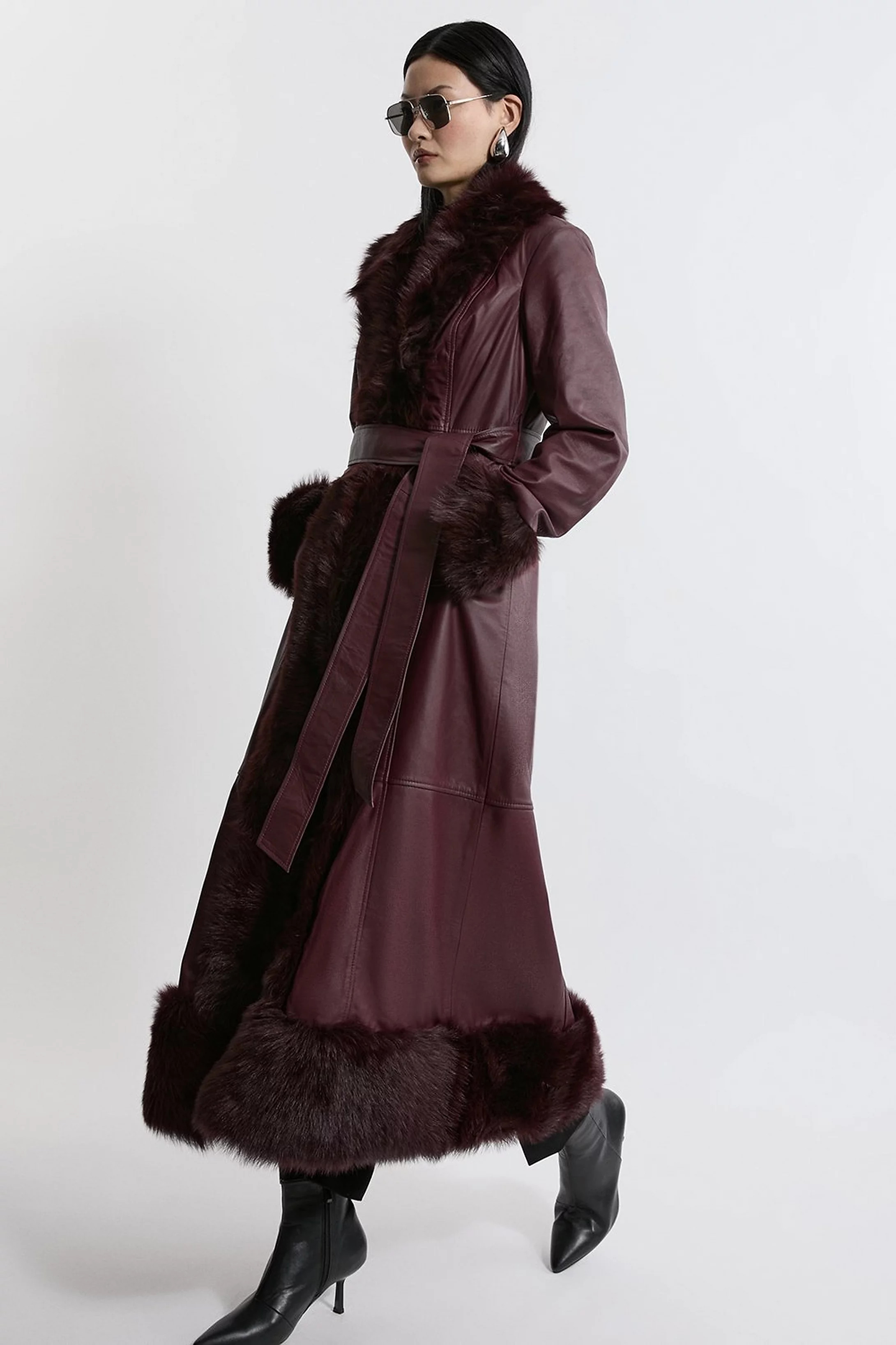 Leather & Shearling Cuff And Collar Maxi Coat | Karen Millen US