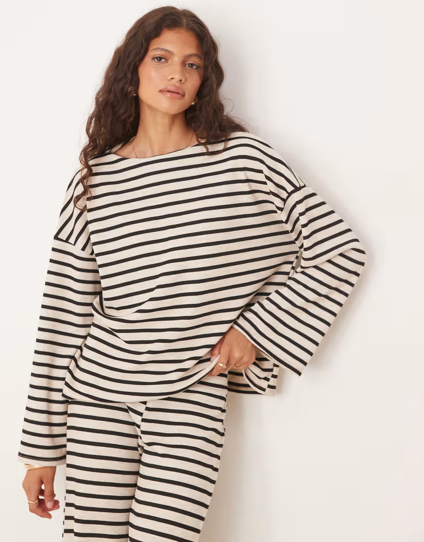 ASOS DESIGN waffle wide long sleeve top in mono stripe (Part of a set)-Multi | ASOS (Global)
