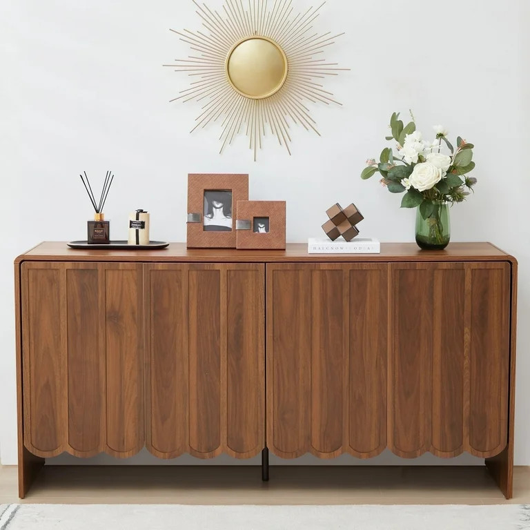 YOCWO Walnut Sideboards and Buffets, Wave Panel Buffet Storage Cabinet with 4 Doors and Adjustabl... | Walmart (US)