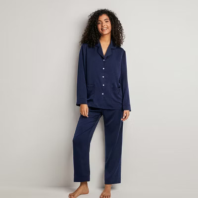 Women's Blue Satin Collared Pajama Top & Pants Set - Cupshe-L-Blue | Target