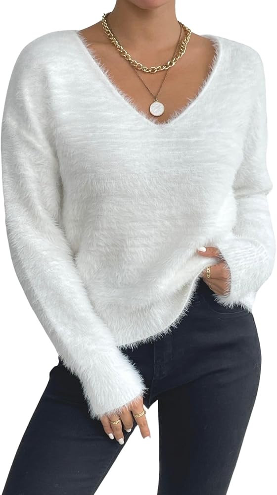 Verdusa Women's Fuzzy Cozy Sweaters V Neck Off The Shoulder Long Sleeve Pullover Fall Sweater | Amazon (US)