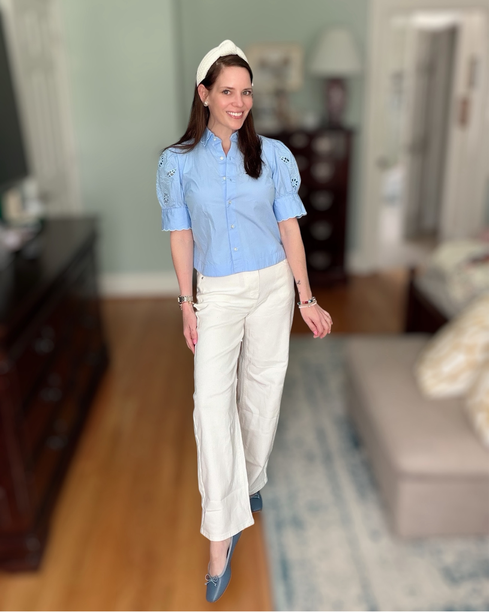 Blue Eyelet Top & Cream Jeans Outfit

M
A soft blue and neutral outfit that feels perfect for spring! 💙 This light blue blouse has the prettiest scalloped collar and eyelet sleeve details for such a feminine touch. I paired it with cream jeans, blue slingback heels, and a classic white headband for a polished preppy look. Finished with pearl studs and colorful bracelets for a fun pop. This outfit is perfect for brunch, casual work days, spring events, or an elevated everyday look. ✨

blue spring outfit, blue eyelet blouse outfit, scalloped collar blouse, cream jeans outfit, preppy spring style, feminine spring outfit, polished casual outfit, spring brunch outfit idea, classic preppy fashion, everyday spring style 💙

#LTKPetite #LTKWorkwear #LTKOver40

#LTKOver40 #LTKWorkwear #LTKootd