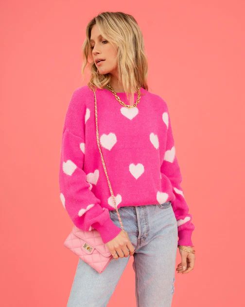 Fuzzy Hearts Knit Sweater - Hot Pink | VICI Collection