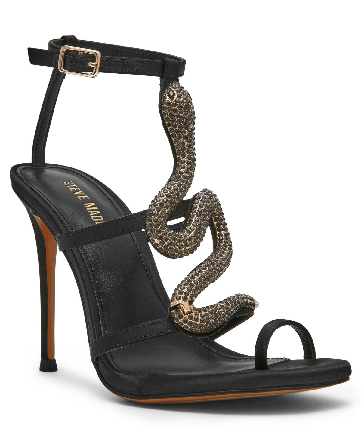 Steve Madden Women's Python Embellished T-Strap Stiletto Heel Dress Sandals - Black Satin | Macy's