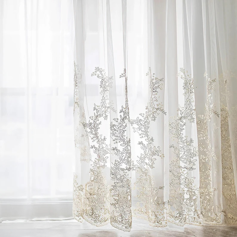 French Style Floral Embroidered Sheer Curtains Rod Pockets - Etsy | Etsy (US)