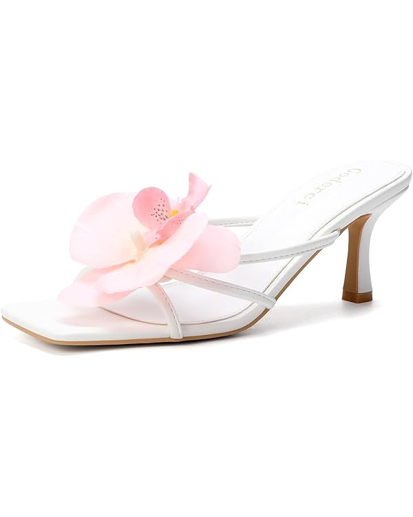 Floral Kitten Heels Square Open Toe Flower Mule Heels for Women Mid Slip On Heeled Sandals | Amazon (US)