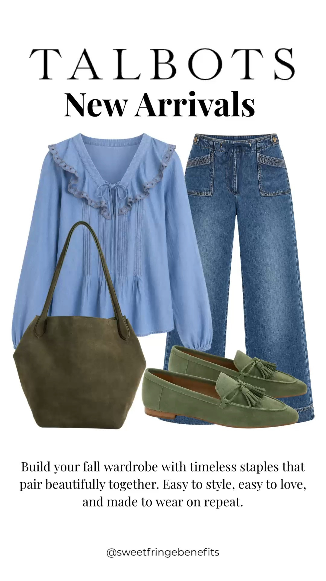 Talbots' new arrivals are full of timeless pieces you'll wear for years. This feminine ruffle blouse pairs perfectly with patch pocket jeans, suede loafers, and a coordinating olive tote for an effortless fall outfit.

💡 LTK MADE EASY
❤️ Heart = Support my posts!
🔖 Save = Get sale & restock alerts
📋 Lists = Keep favorites organized
📲 Share = Send lists and products to a friend. Hello, Christmas List!
💬 Comment = Ask me anything about what I'm wearing.:-)

#LTKootd #LTKOver40 #LTKgrwm