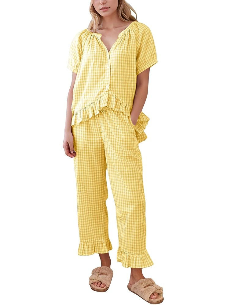 Flygo Womens Plaid 2 Piece Pajamas Sets Gingham Button Down Puff Sleeve Babydoll Shirt Ruffle Pan... | Amazon (US)