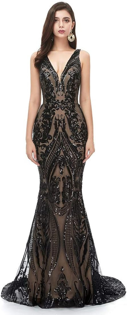Engerla Mermaid V Neck Evening Dresses Sequind Prom Dresses Women's Party Dress Celebrity Pageant... | Amazon (US)
