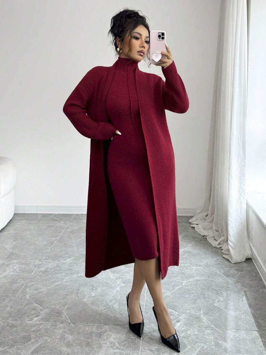 SHEIN Elenzya 2pcs/Set Knitted Sleeveless Turtleneck Dress & Long Cardigan Sweater Set, Autumn/Wi... | SHEIN