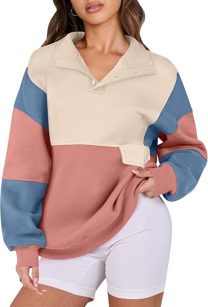 ANRABESS Women Oversized Sweatshirts Long Sleeve Color Block/Solid Button Fleece Pullover Hoodie ... | Amazon (US)