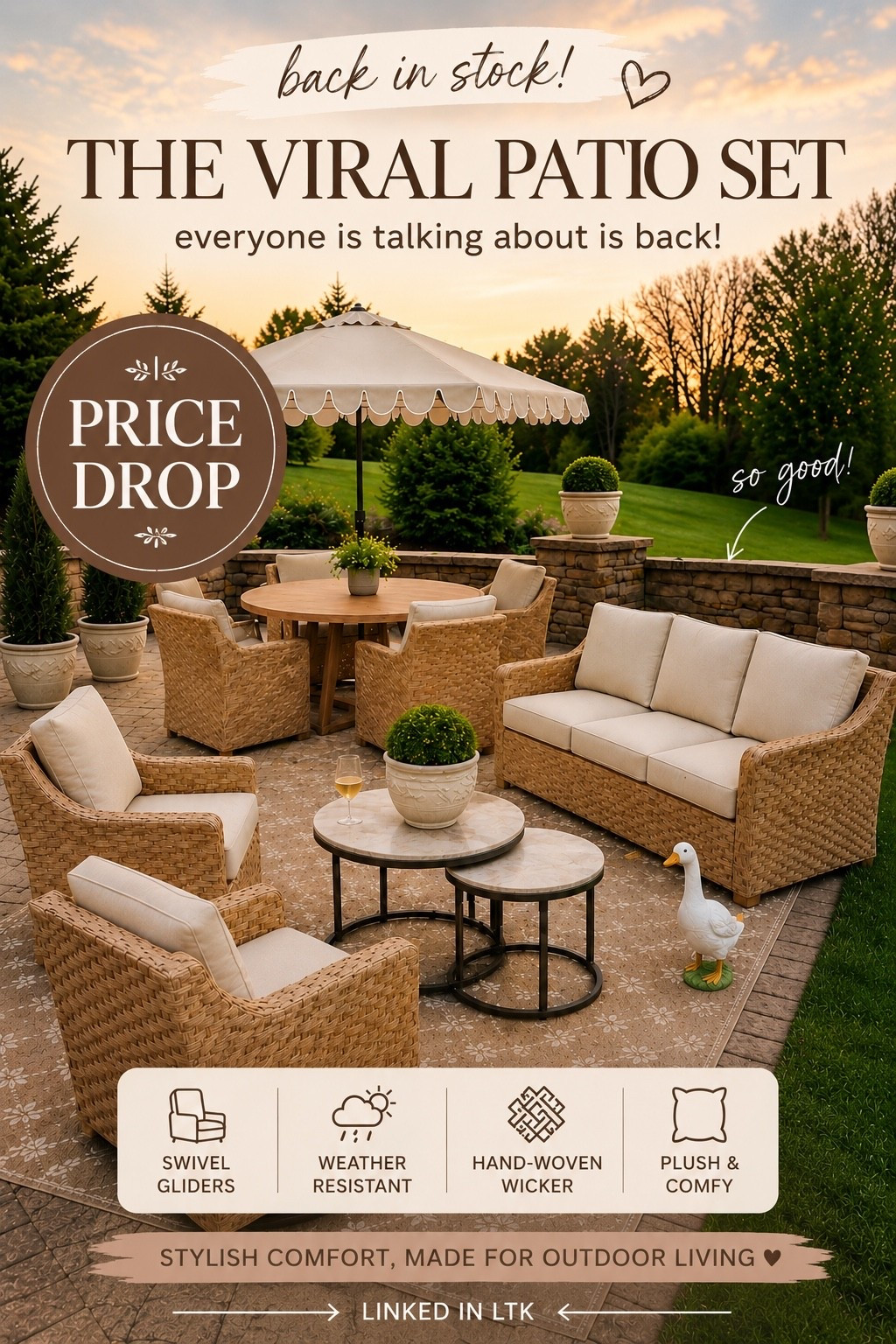 Patio furniture season is officially here 🤍

The viral patio set is finally back in stock AND on a price drop. The swivel gliders are honestly my favorite part — oversized, comfy, and they make the whole patio feel so elevated.

If you’ve been waiting for this set to come back, I wouldn’t wait too long this time.

#LTKHome #LTKdayinmylife #LTKSaleAlert