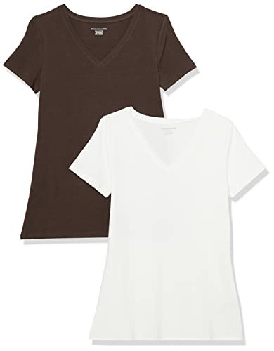Amazon Essentials Women's Classic-Fit Short-Sleeve V-Neck T-Shirt, Pack of 2, Espresso/White, Medium | Amazon (US)