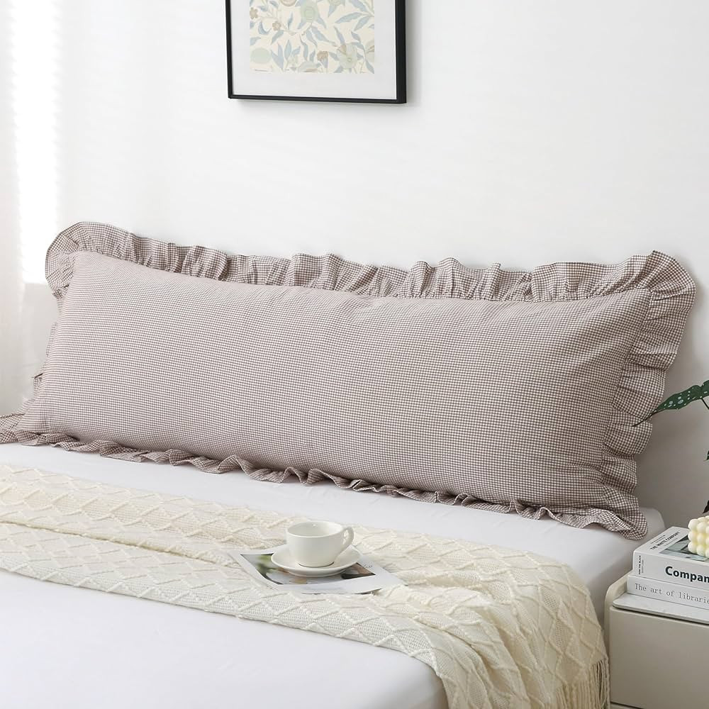 Vintage Gingham Ruffled Pillow Sham 20x54 Inches - Brown/White Plaid Farmhouse Decor | 100% Washe... | Amazon (US)