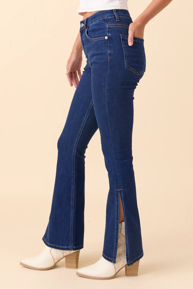 My Favorite Dark Blue Slit Hem Jeans | Pink Lily