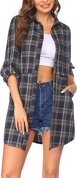 Hotouch Womens Flannel Plaid Shirts Roll Up Long Sleeve Pockets Mid-Long Casual Boyfriend Button ... | Amazon (CA)