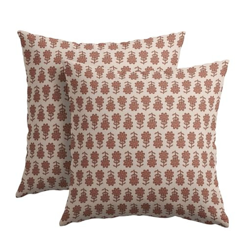 Kawani Vintage Floral Pillow Covers 16x16 Inch Set of 2 Burnt Orange Small Flower Block Print Outdoor Throw Pillows Neutral Pillowcases Rustic Square Cushion Covers for Couch Home Decor | Amazon (US)