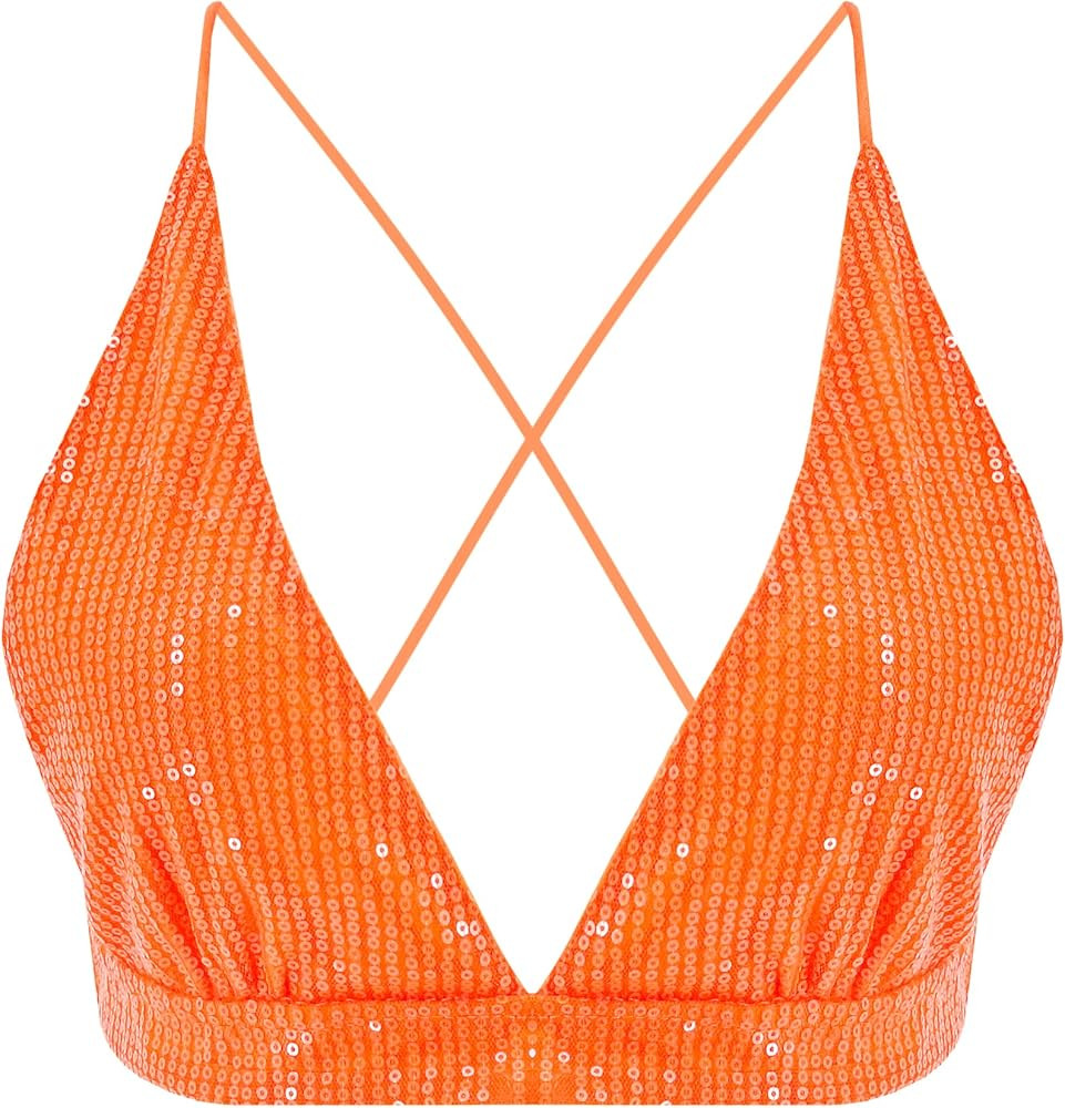 Women’s Sexy Sequin Crop Top V Neck Bandage Tank Top Bustier Cami Dance Bra Top for Club Rave | Amazon (US)