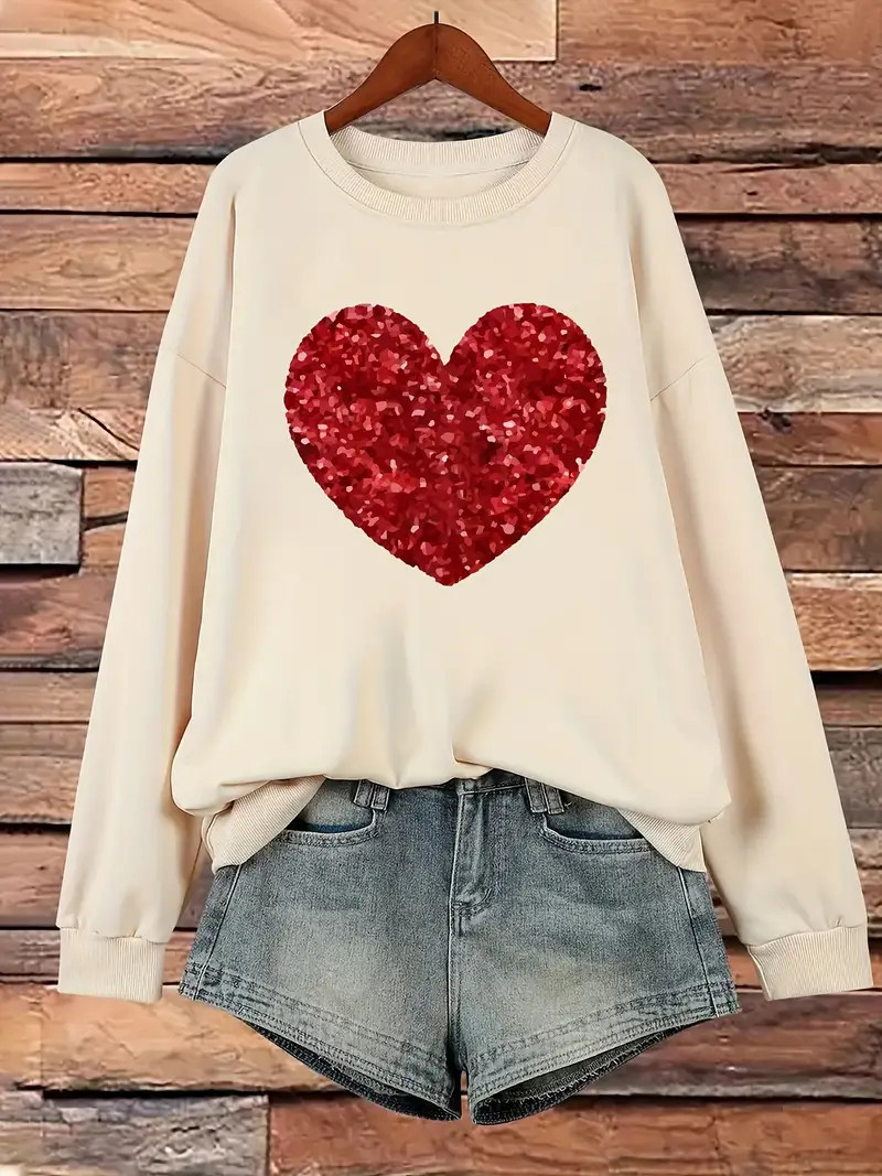 Plus Size Heart Print Sweatshirt, Casual Long Sleeve Crew Neck Pullover Sweatshirt, Women's Plus ... | Temu Affiliate Program