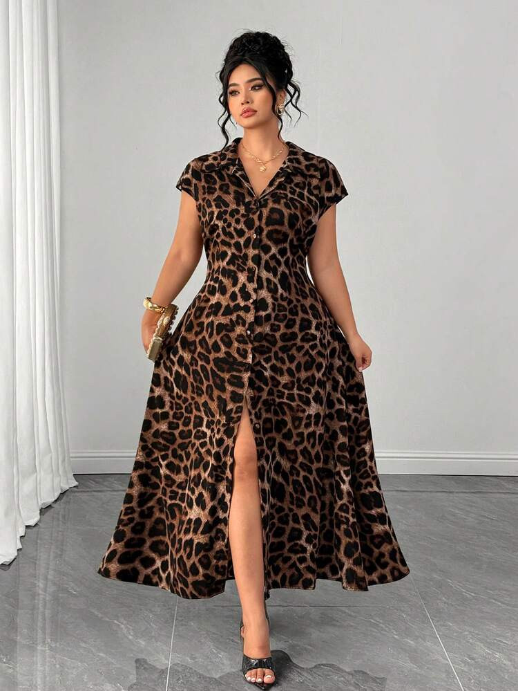 Elenzga Plus Size Leopard Print Lapel Sleeveless Shirt Dress, Slimming A-Line Long Dress | SHEIN USA | SHEIN